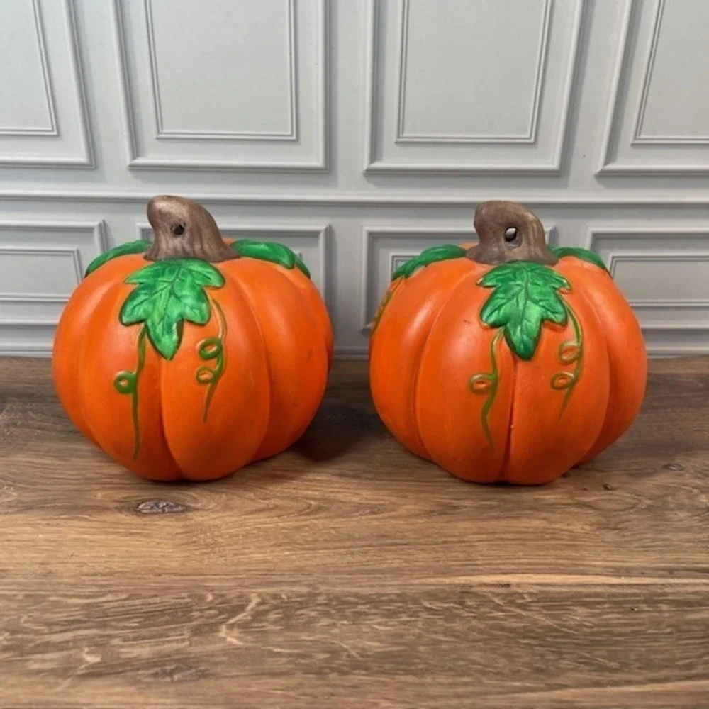 Vintage Ceramic Hand Painted Halloween Pumpkin Witch Toad Fall Decor Set of 2
